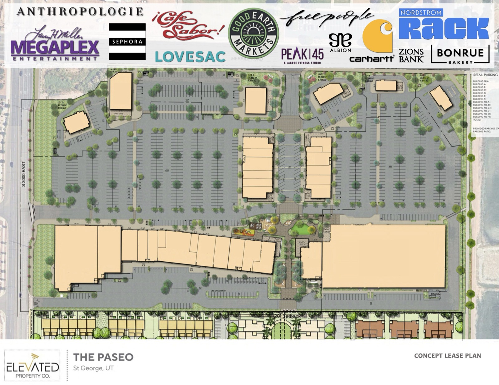 Concept lease plan for The Paseo in St. George, Utah showing tenant logos, buildings, pad sites, lots, and parking